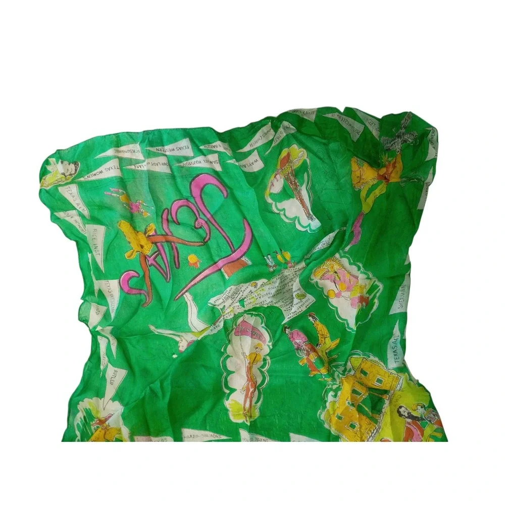 Vintage Texas Souvenir Scarf Silk Green Novelty Map Print Alamo Baylor Austin